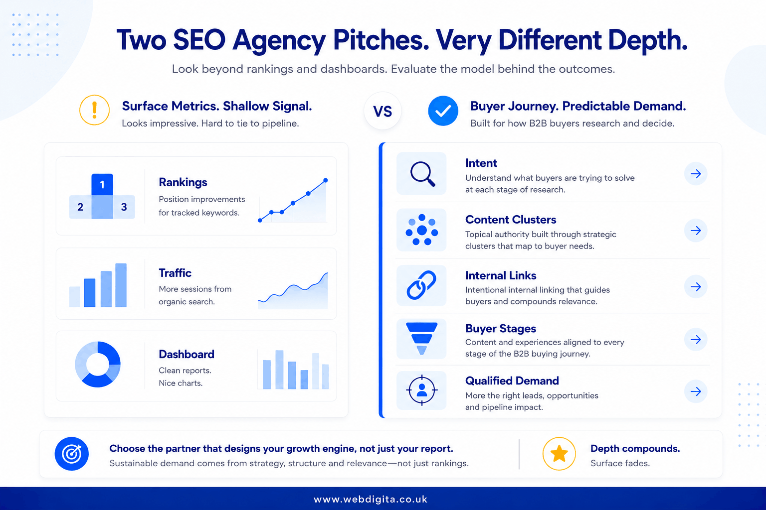 Decision board comparing rankings-led SEO pitches with buyer-journey-led SEO evaluation.