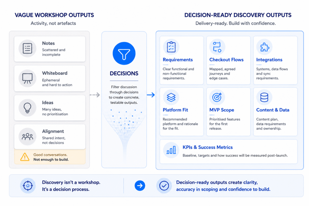 Decision map showing ownership, integrations, MVP scope and build readiness for an eCommerce project.